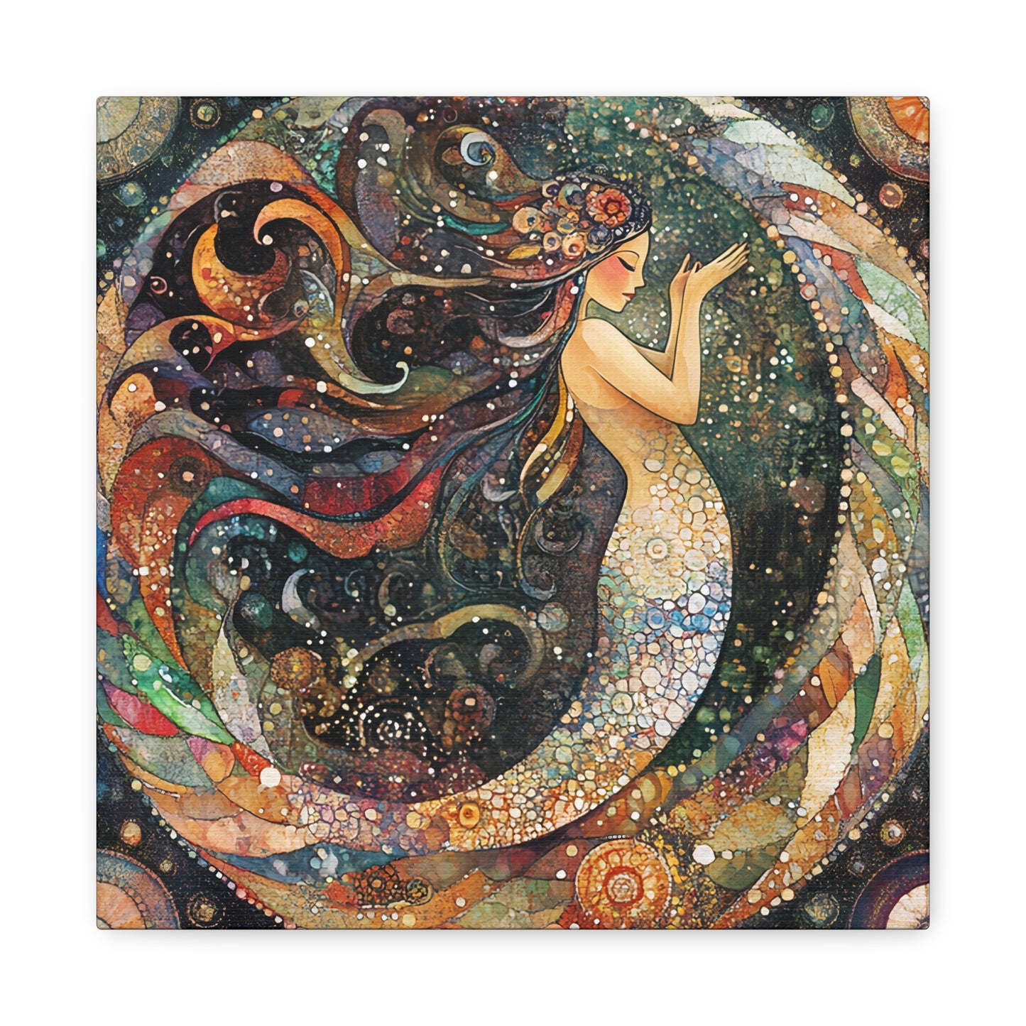 Autumnl Mermaid Canvas Art, Stretched Wall Decor, Bohemian Home Accent, Unique Gift for Sea Lovers, Nautical Art Piece, Coastal Room Decor