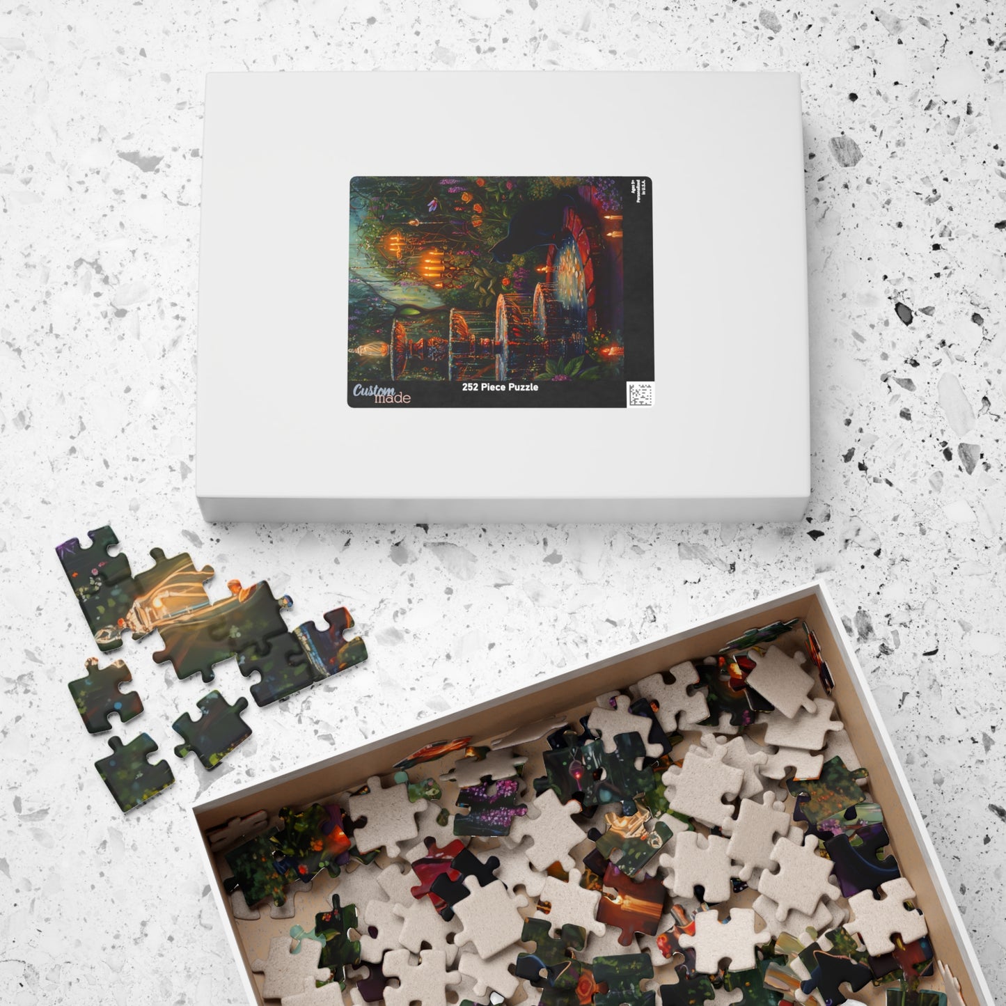 Enchanted Garden Fountain Black Cat puzzle | 520-piece jigsaw, candlelit forest scene