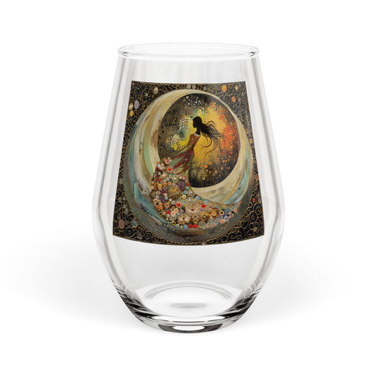 Moon Goddess Illustration Stemless Wine Glass | Celestial, Floral Art