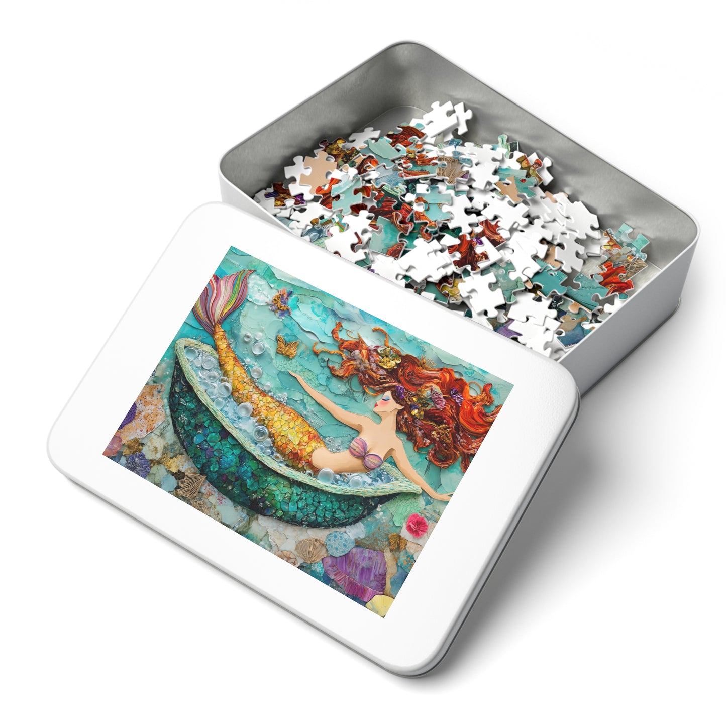 Bubbles Mermaid Bath Tub Jigsaw Puzzle with Tin | Colorful Redhead Mermaid Art Puzzle