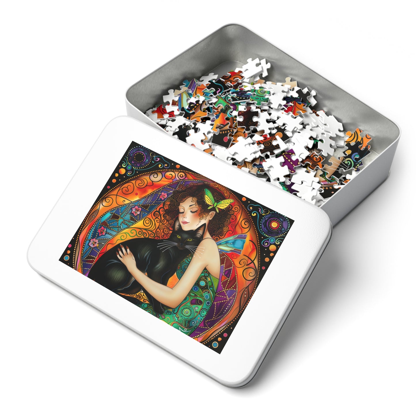 Fairy Embracing Black Cat Jigsaw Puzzle with Tin | Colorful Boho Art