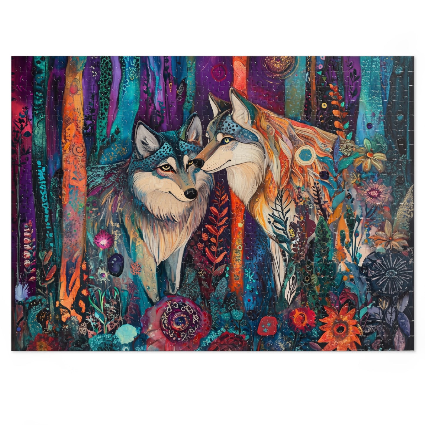 Mystic Wolves jigsaw puzzle with tin | colorful forest wolf art