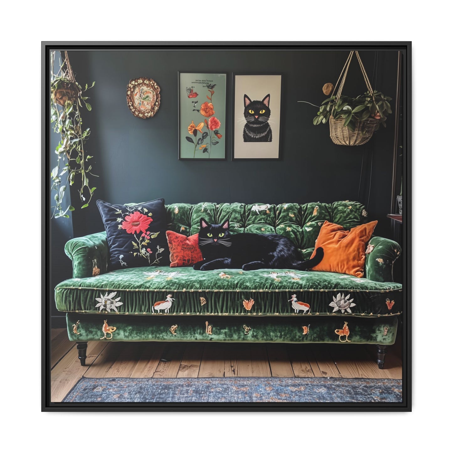 Black "House Cat" Living Room Art Matte Canvas Framed, Green Sofa Boho