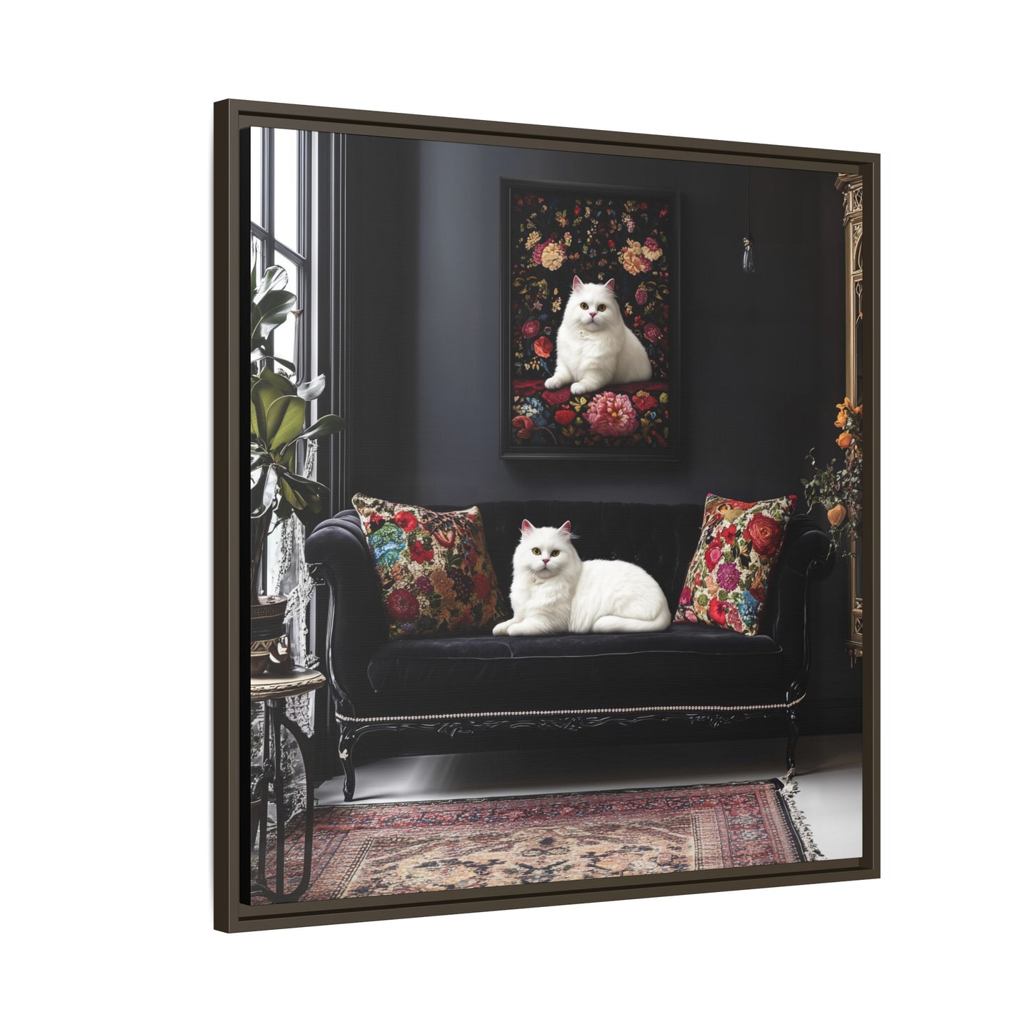 White Persian "House Cat" Portrait Matte Canvas Framed | Floral Still Life Wall Art