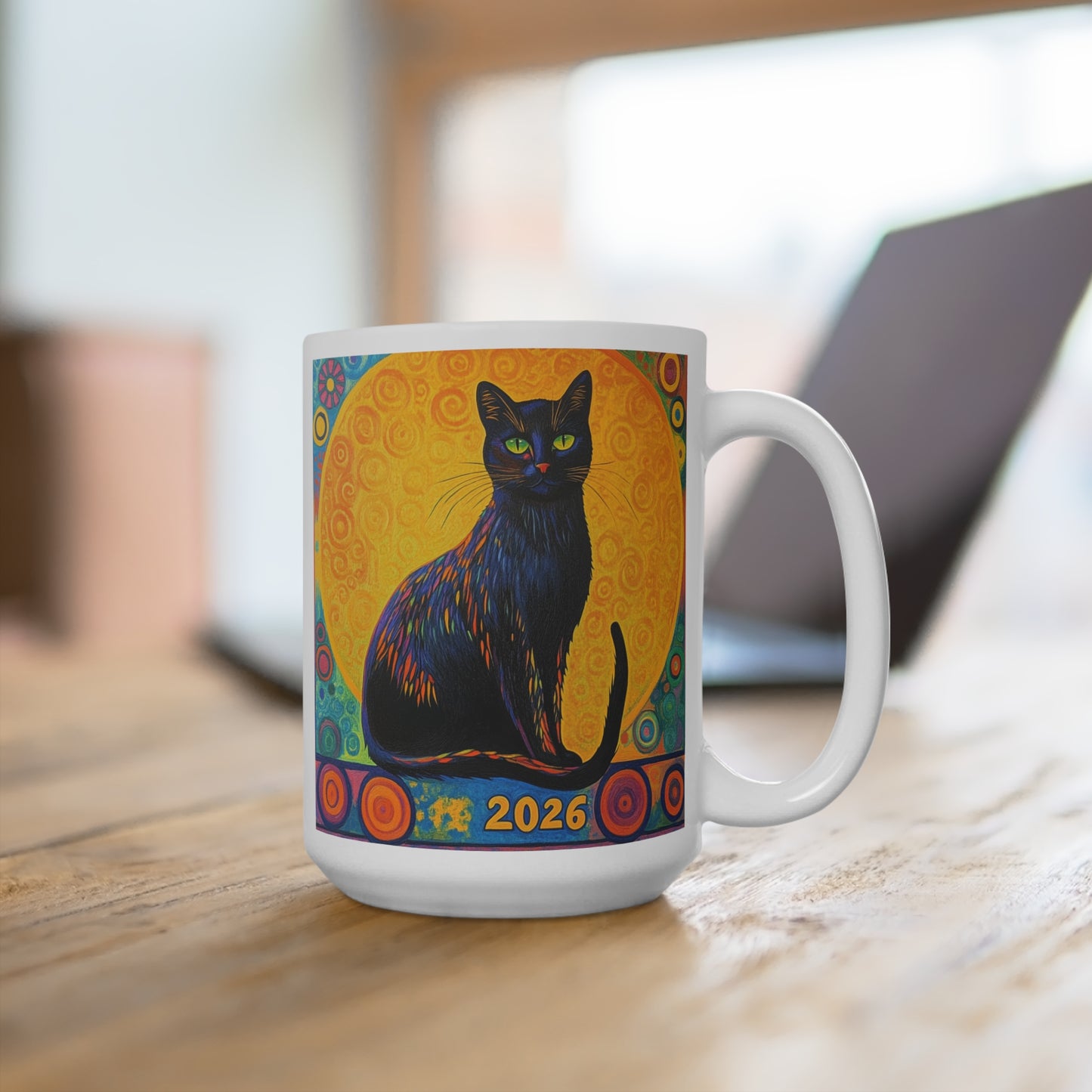 Happy New Year 2026 Black Cat with Golden Moon Mug | Colorful Cat Art, 2026