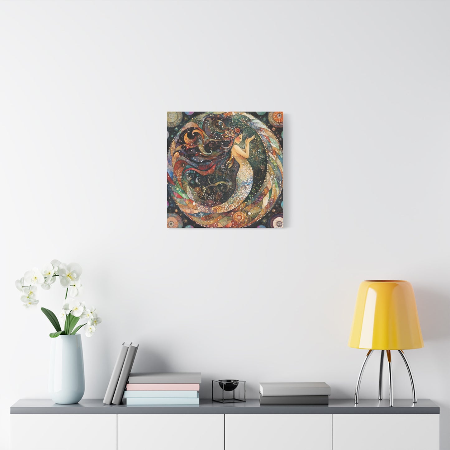 Autumnl Mermaid Canvas Art, Stretched Wall Decor, Bohemian Home Accent, Unique Gift for Sea Lovers, Nautical Art Piece, Coastal Room Decor