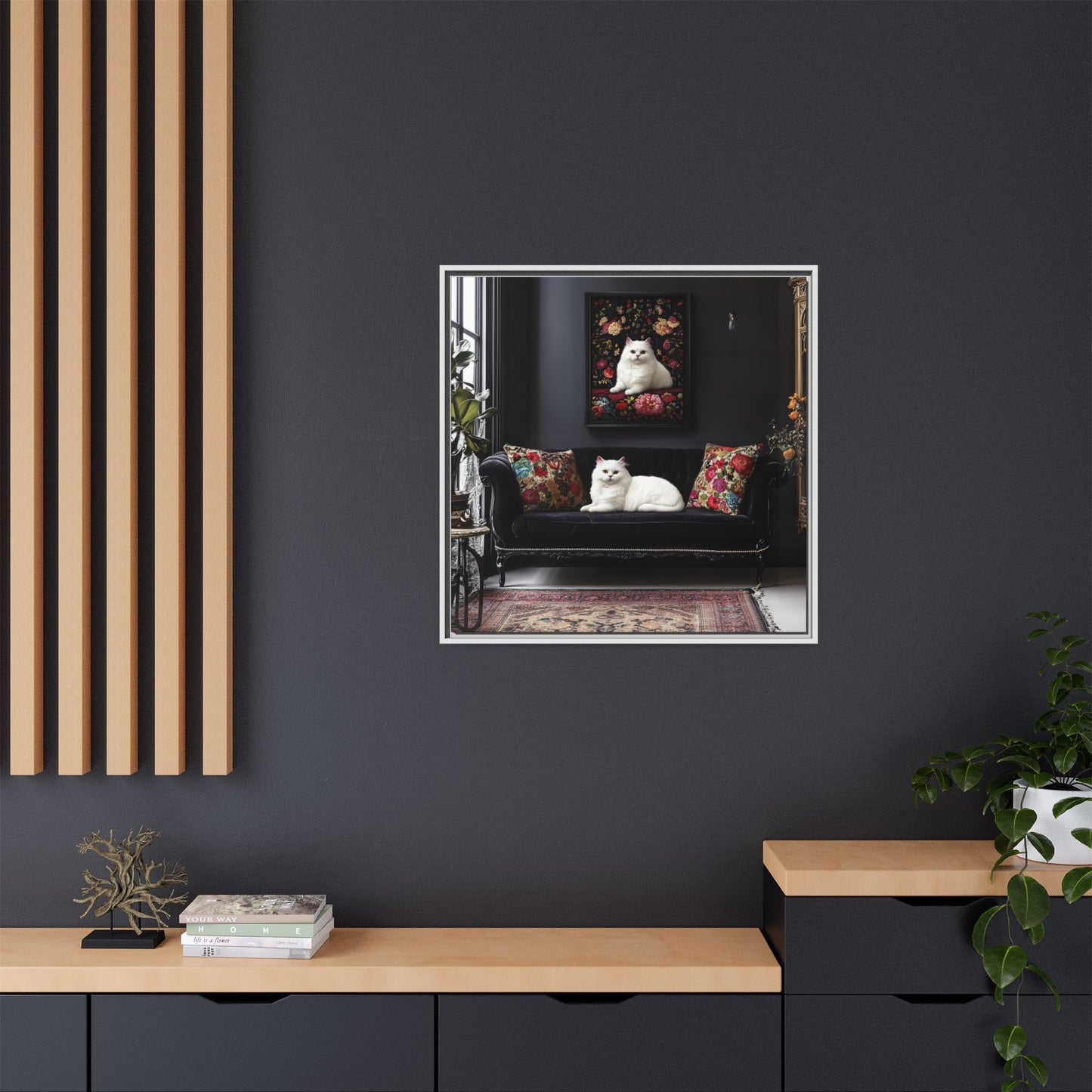 White Persian "House Cat" Portrait Matte Canvas Framed | Floral Still Life Wall Art