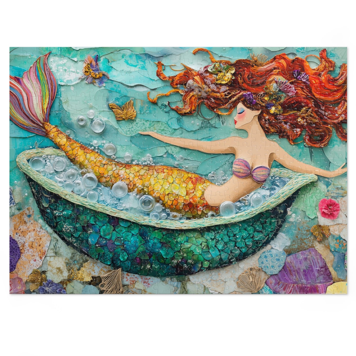 Bubbles Mermaid Bath Tub Jigsaw Puzzle with Tin | Colorful Redhead Mermaid Art Puzzle