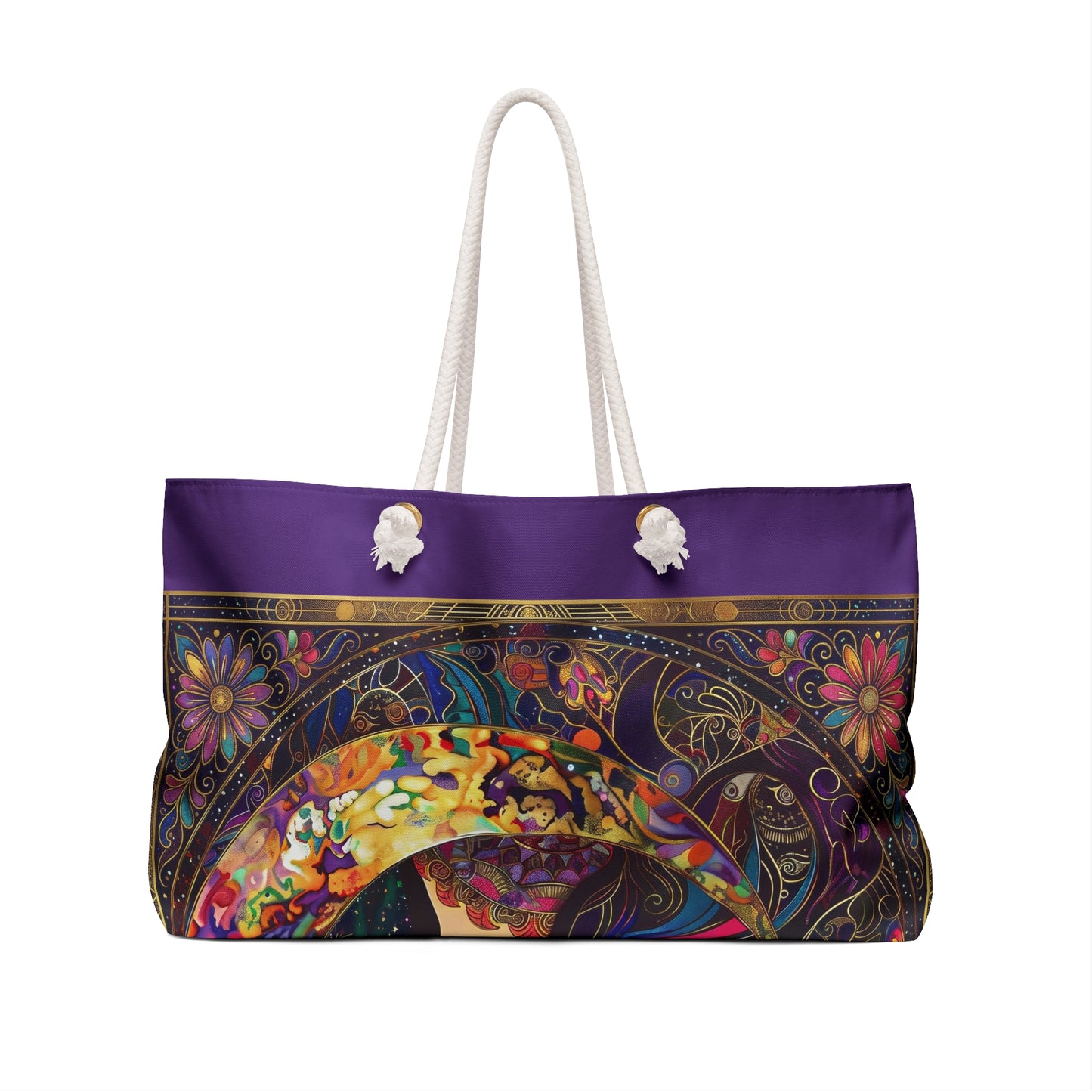 Floral Moon Woman Weekender Bag  Boho Celestial Tote, Purple,  Rope Handles