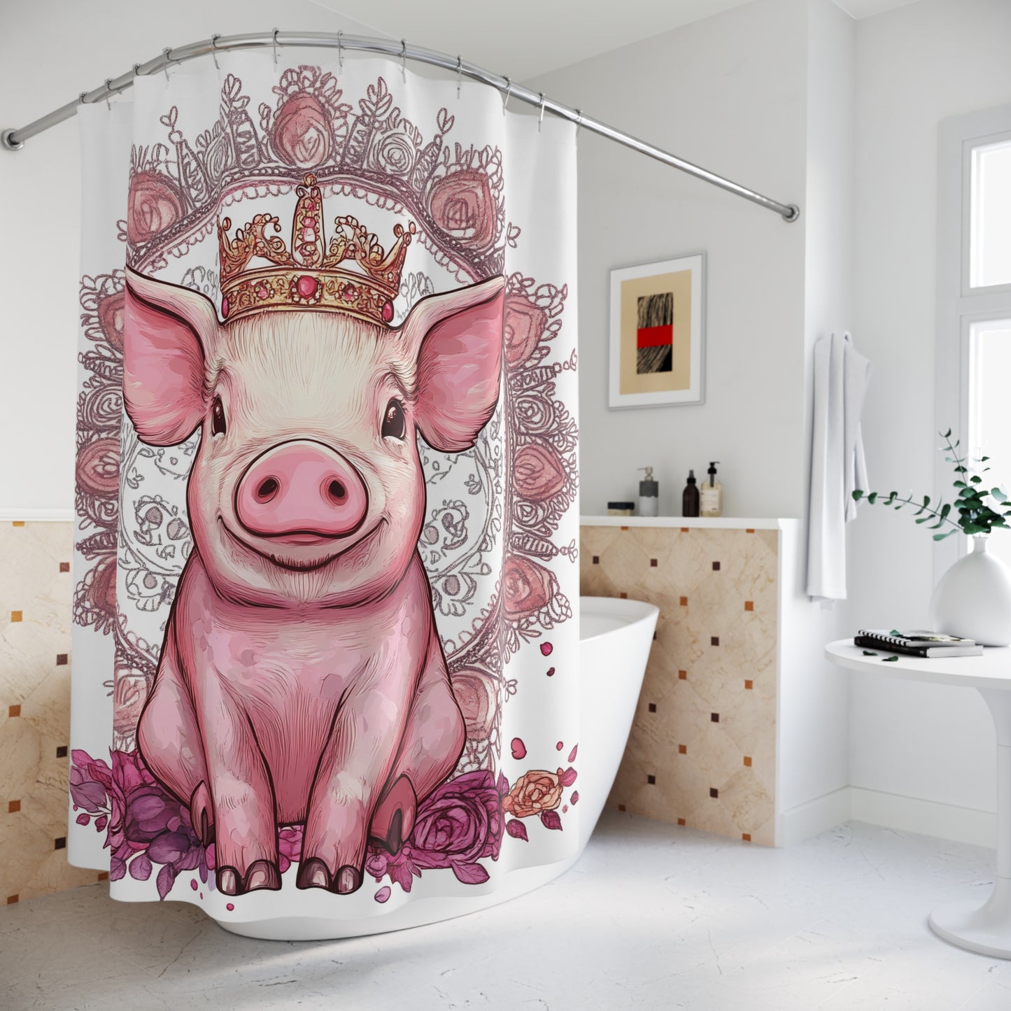 Princess Pig Shower Curtain, Cute Farmhouse Decor, Bathroom Accessories, Animal Lover Gift, Queen Pig Design