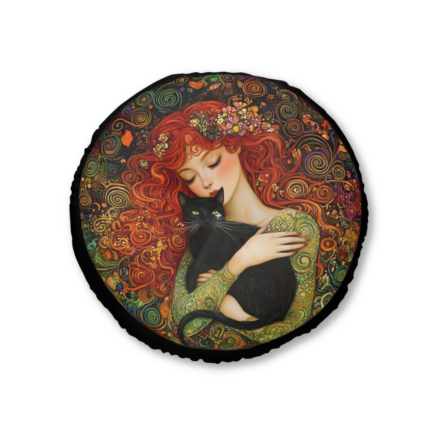 Artistic Tufted Floor Pillow, Cozy Decor, Cat Lover Gift, Bohemian Home Accent, Unique Round Cushion