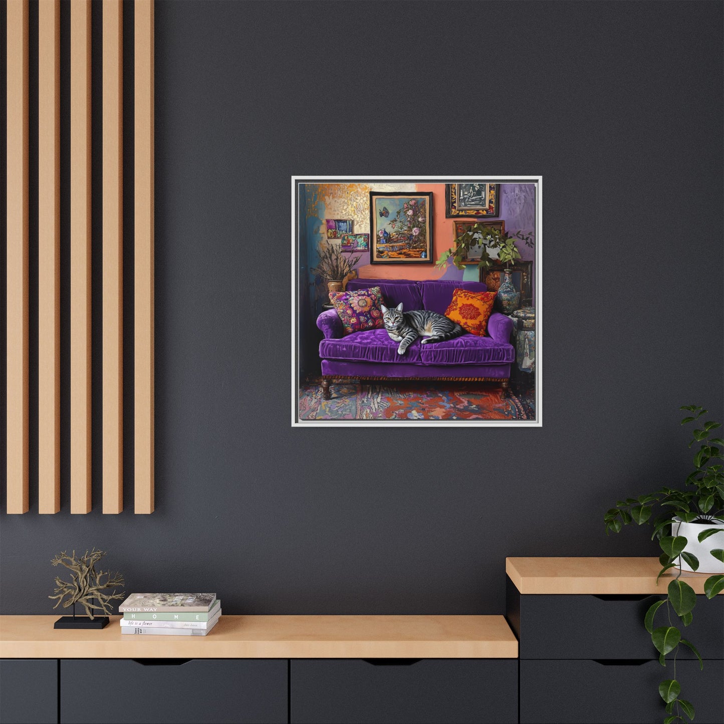 Tabby "House Cat" on Purple Velvet Sofa Matte Canvas Framed | Wall Art