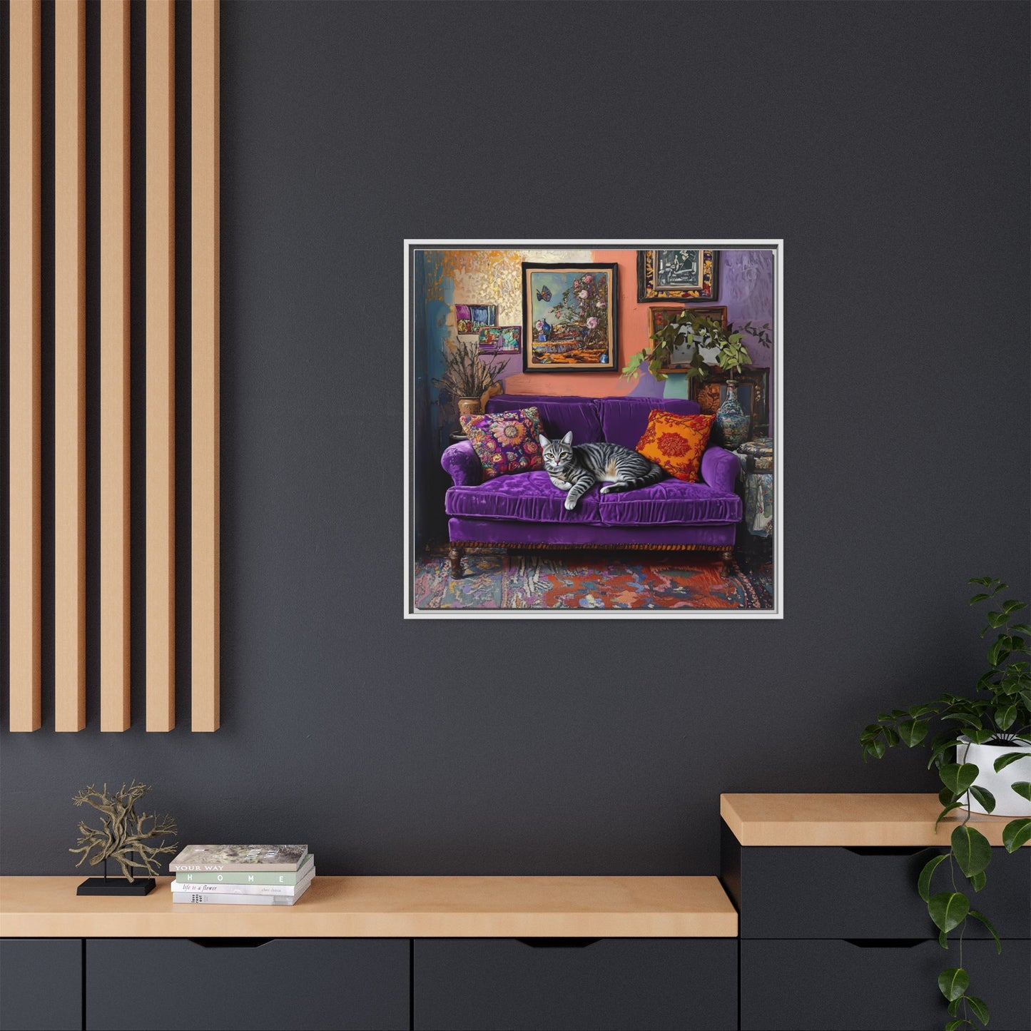 Tabby "House Cat" on Purple Velvet Sofa Matte Canvas Framed | Wall Art