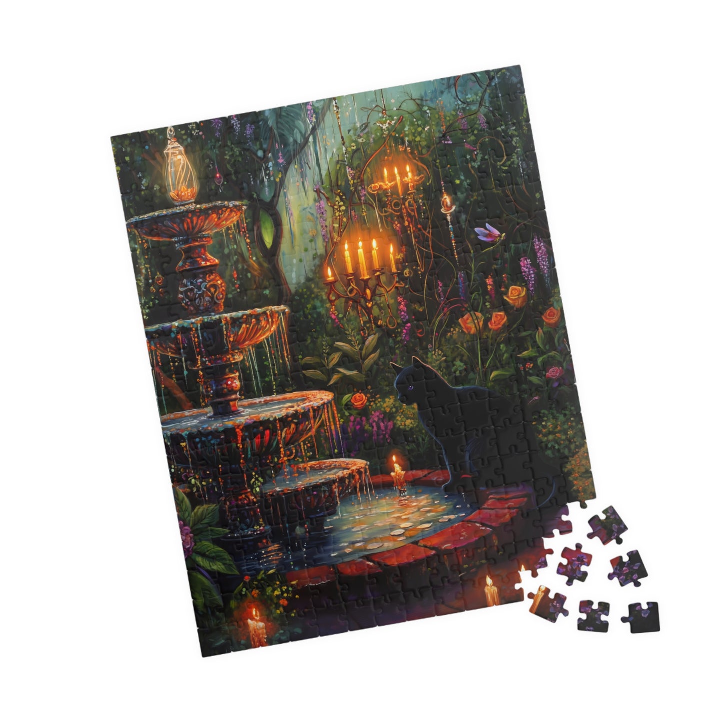 Enchanted Garden Fountain Black Cat puzzle | 520-piece jigsaw, candlelit forest scene