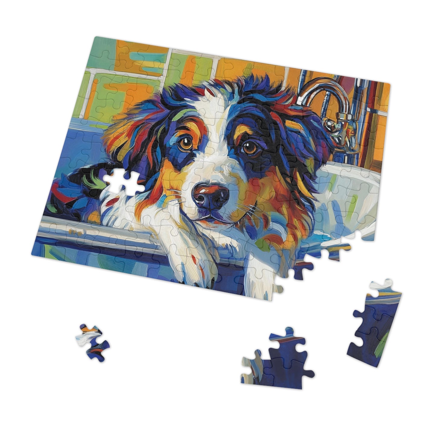 Bathtub Puppy Aussie Dog Jigsaw Puzzle with Tin | 500pc Painted Pet Art, Australian Shepherd Gift