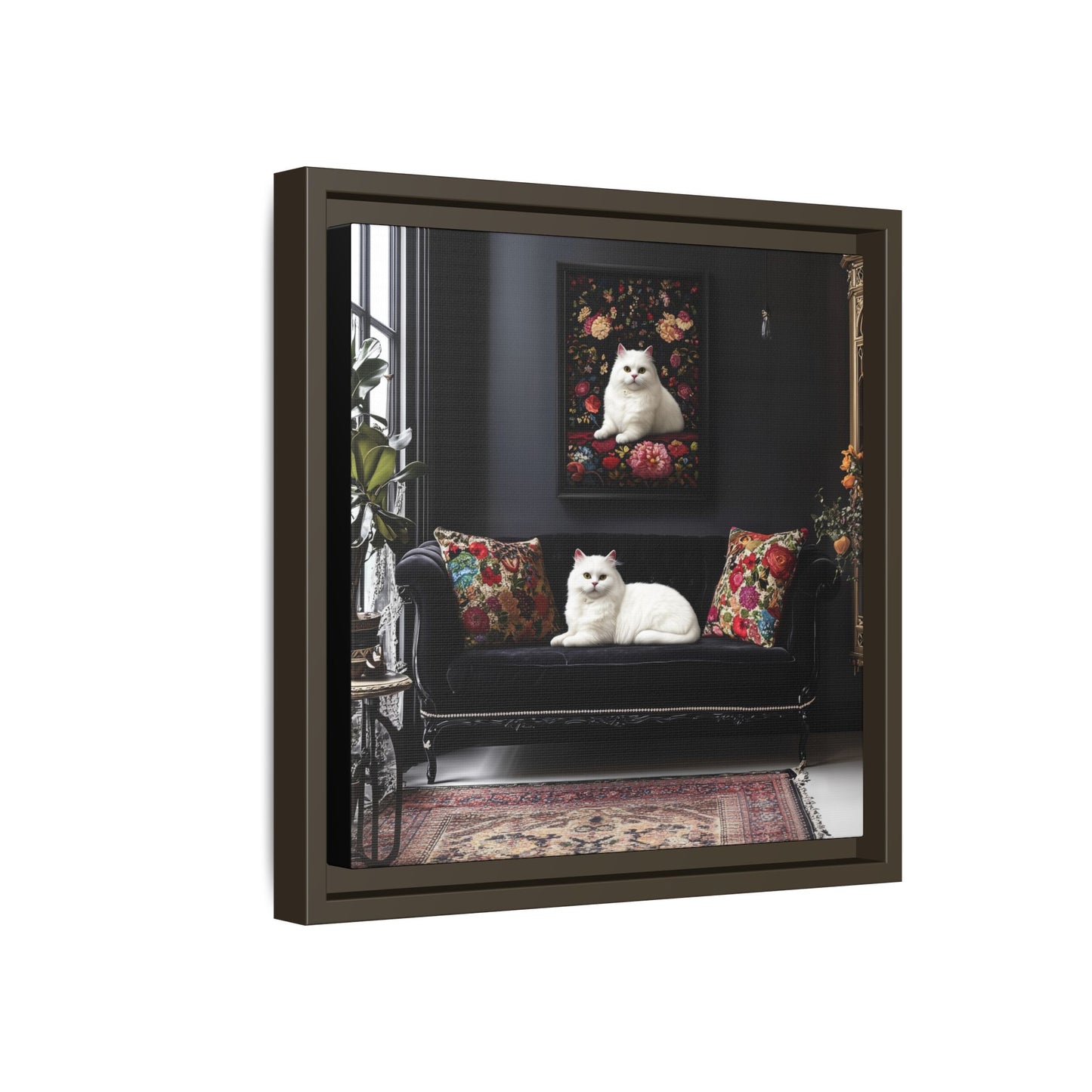 White Persian "House Cat" Portrait Matte Canvas Framed | Floral Still Life Wall Art
