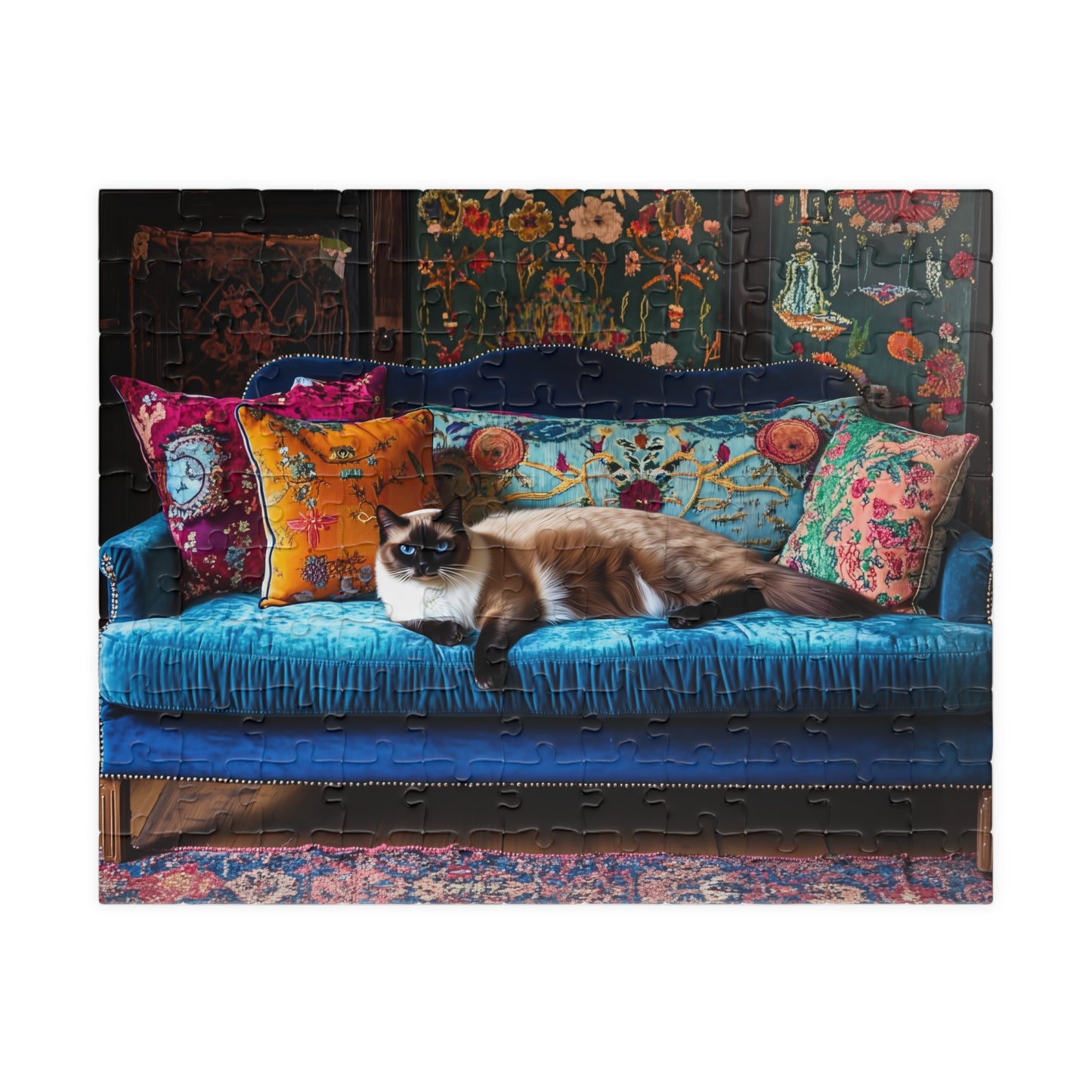 Siamese "House Cat" on Blue Velvet Sofa Puzzle | 252/520/1014-piece Jigsaw