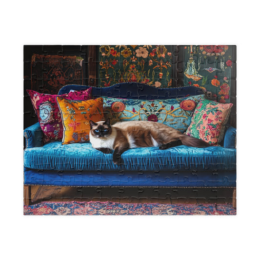 Siamese "House Cat" on Blue Velvet Sofa Puzzle | 252/520/1014-piece Jigsaw