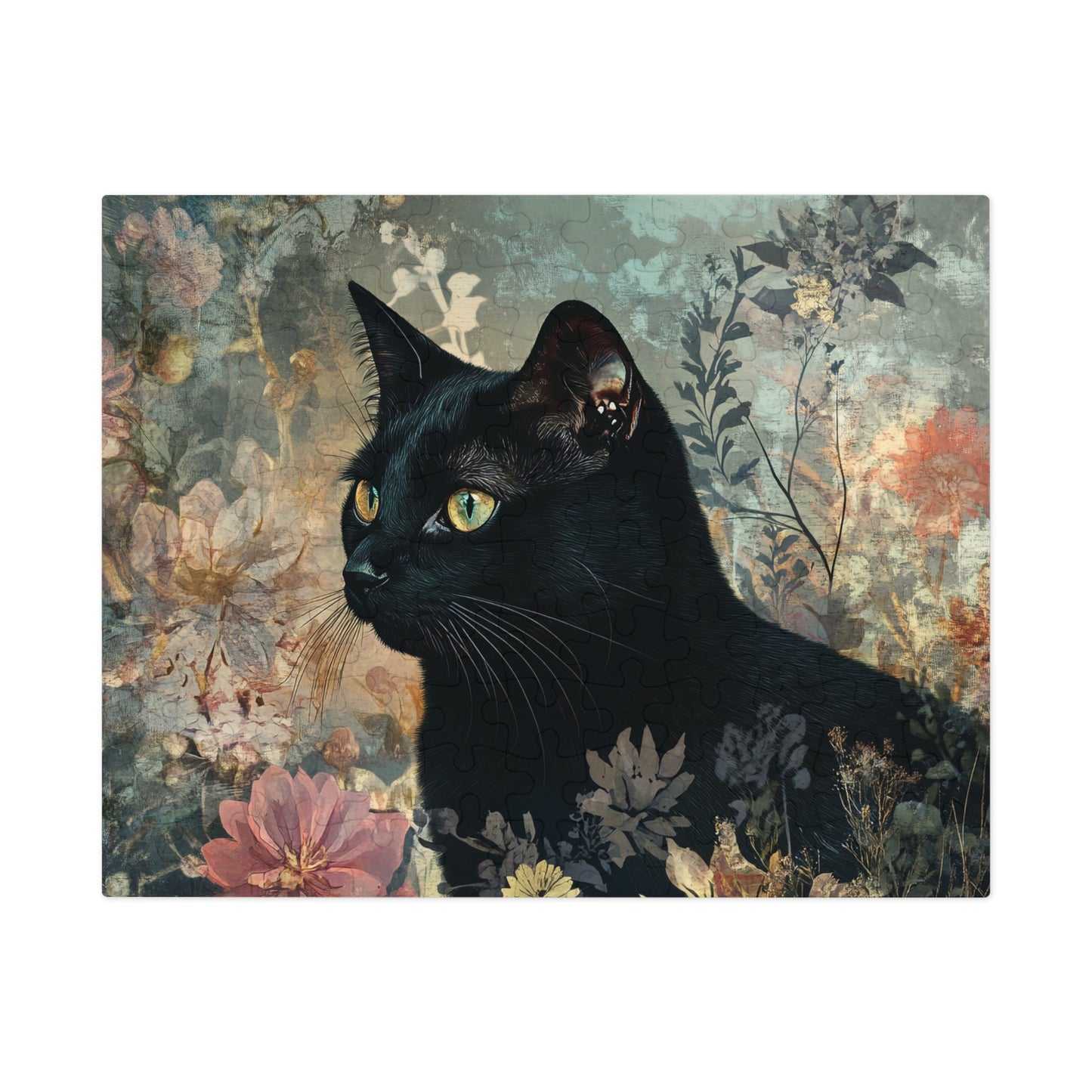 Black Cat Floral Art Jigsaw Puzzle with Tin
