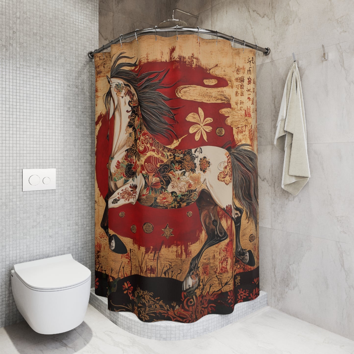 Year of The Horse Shower Curtain Asian Motif Equestrian Bath 71" x 74"