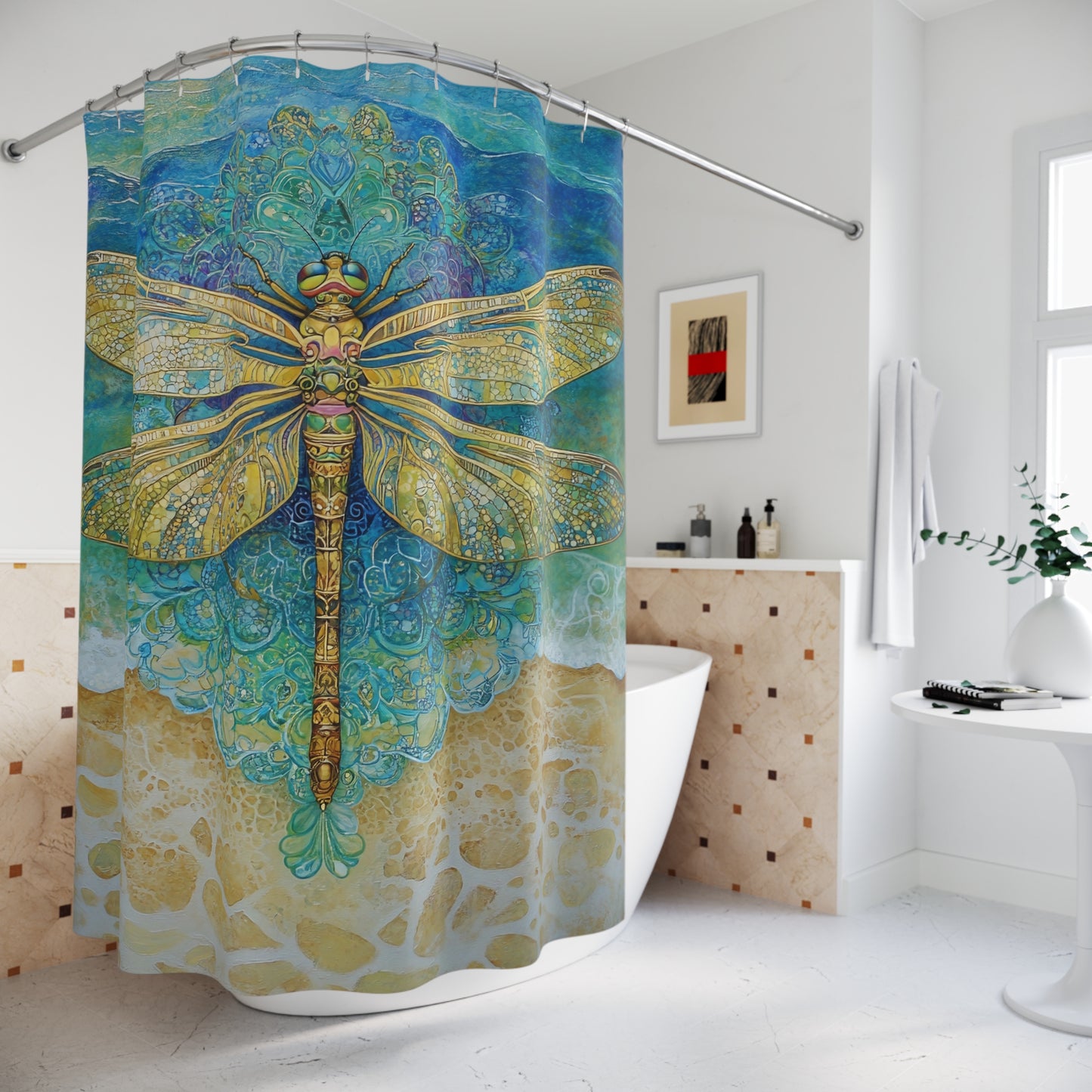 Golden Dragonfly Shower Curtain | Boho Ocean Mandala Bath Decor
