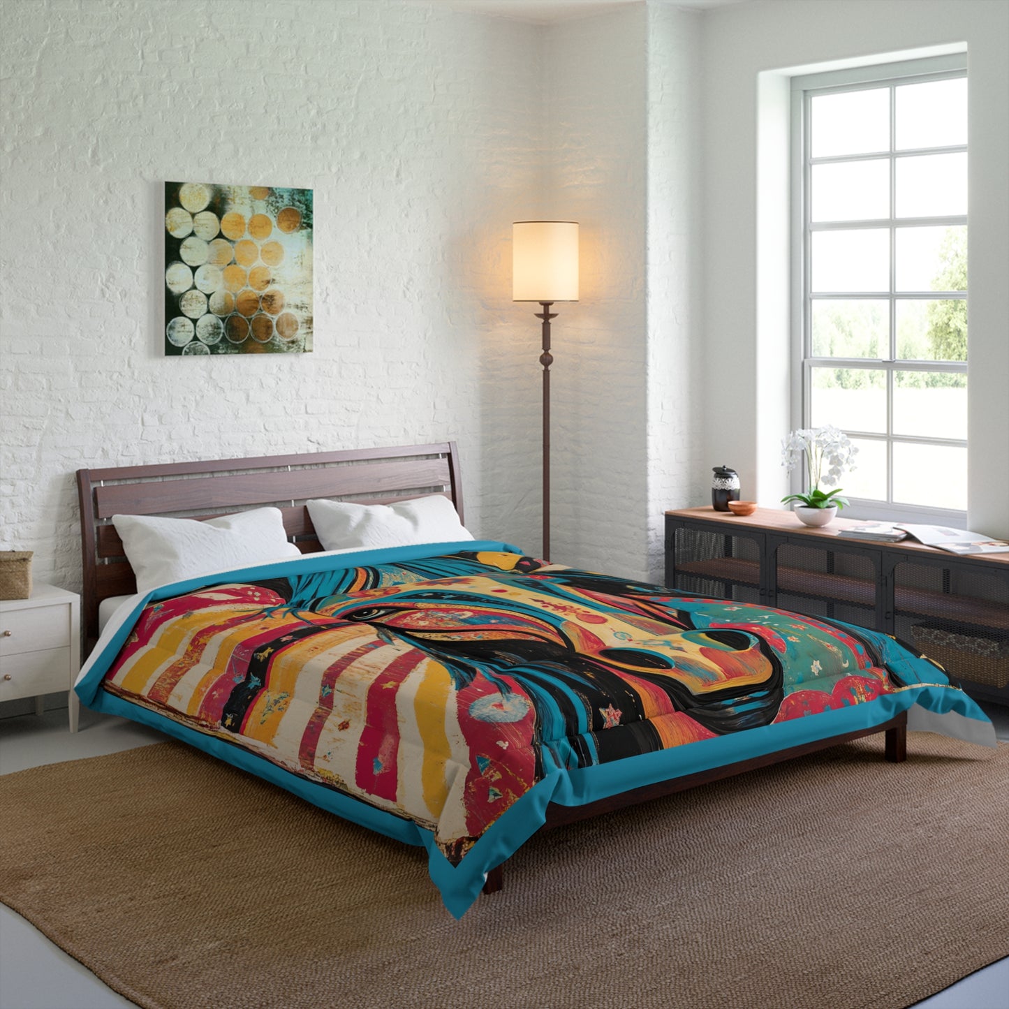 Mid Century Modern Horse Comforter | Boho Animal Bedding, Vibrant Sunset Stripes