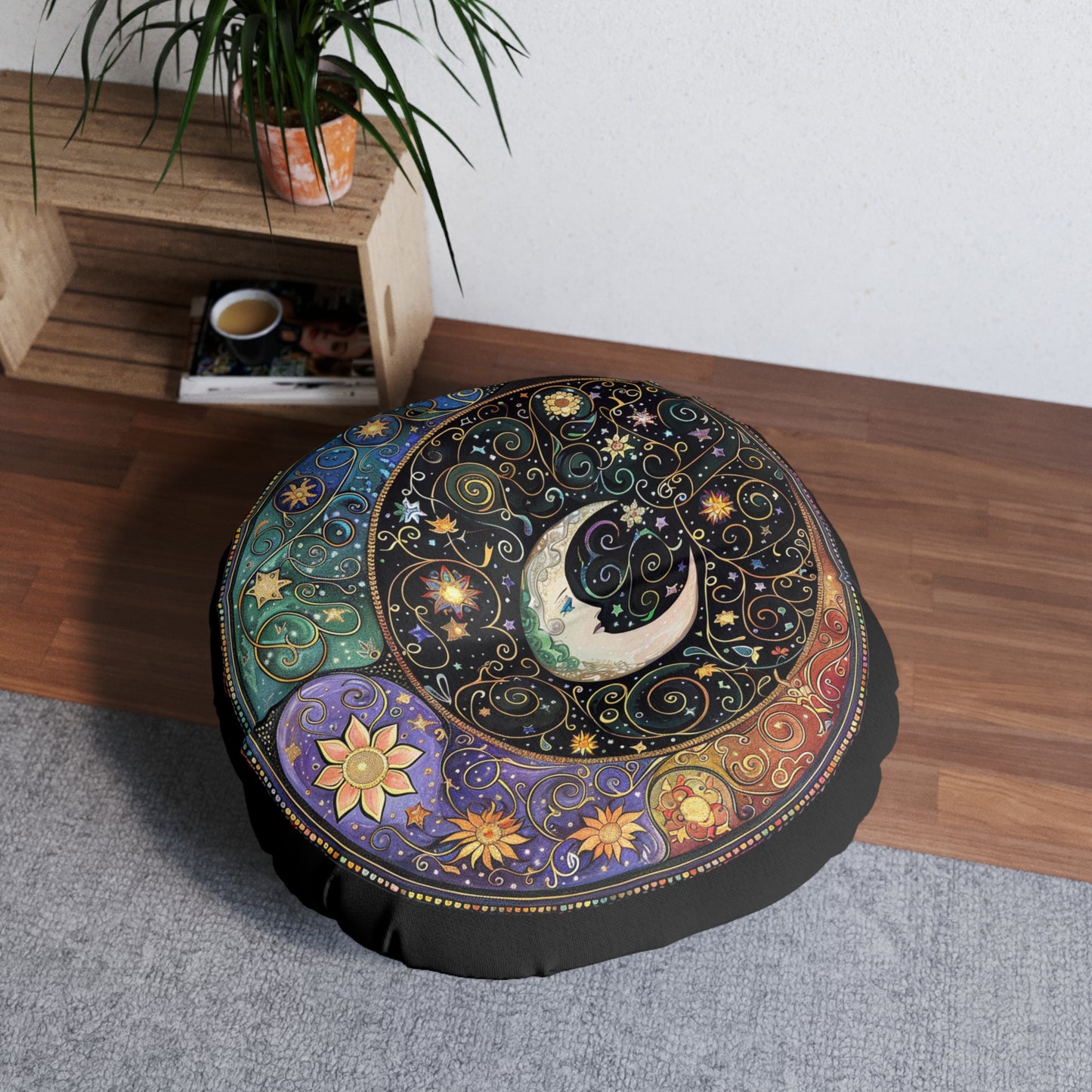 Celestial Tufted Floor Pillow, Round - Boho Home Décor, Meditation Cushion, Cosmic Decor, Astrology, Gift for Star Lovers