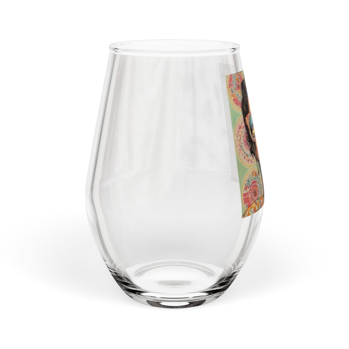 Retro Sunglasses Woman Stemless Wine Glass | Colorful Boho Portrait