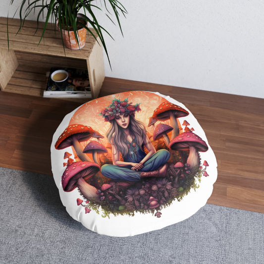 Boho Mushroom Tufted Floor Pillow, Round Cushion for Meditation, Home Decor, Gift for Nature Lovers, Cozy Seating, Bohemian Vibes