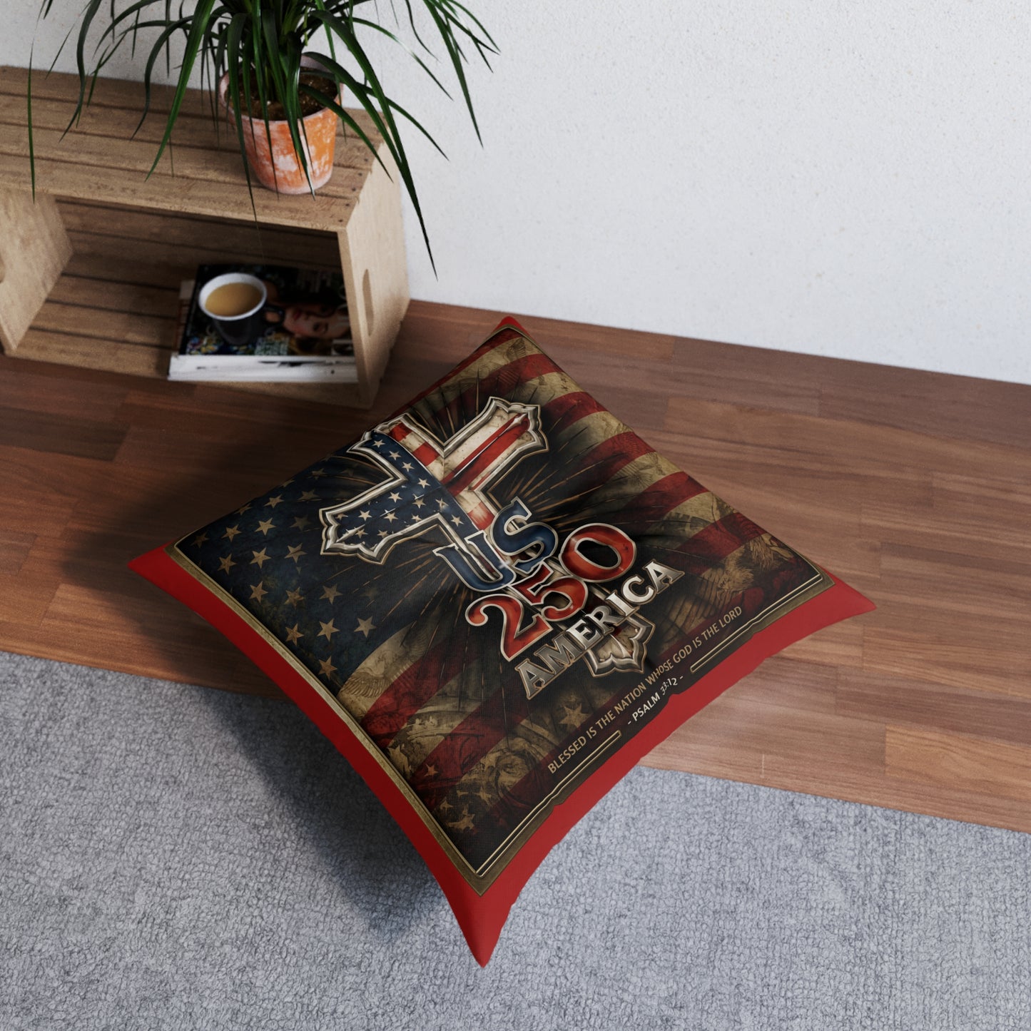 US 250 America Cross Tufted Floor Pillow Patriotic Flag Square Pillow