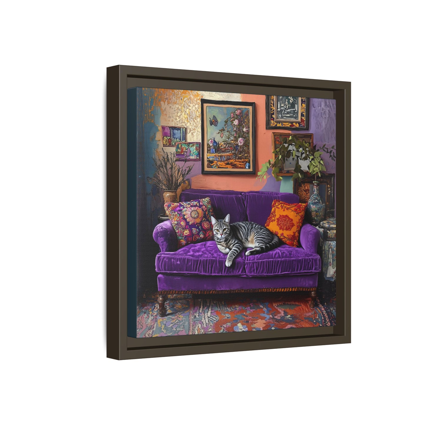 Tabby "House Cat" on Purple Velvet Sofa Matte Canvas Framed | Wall Art