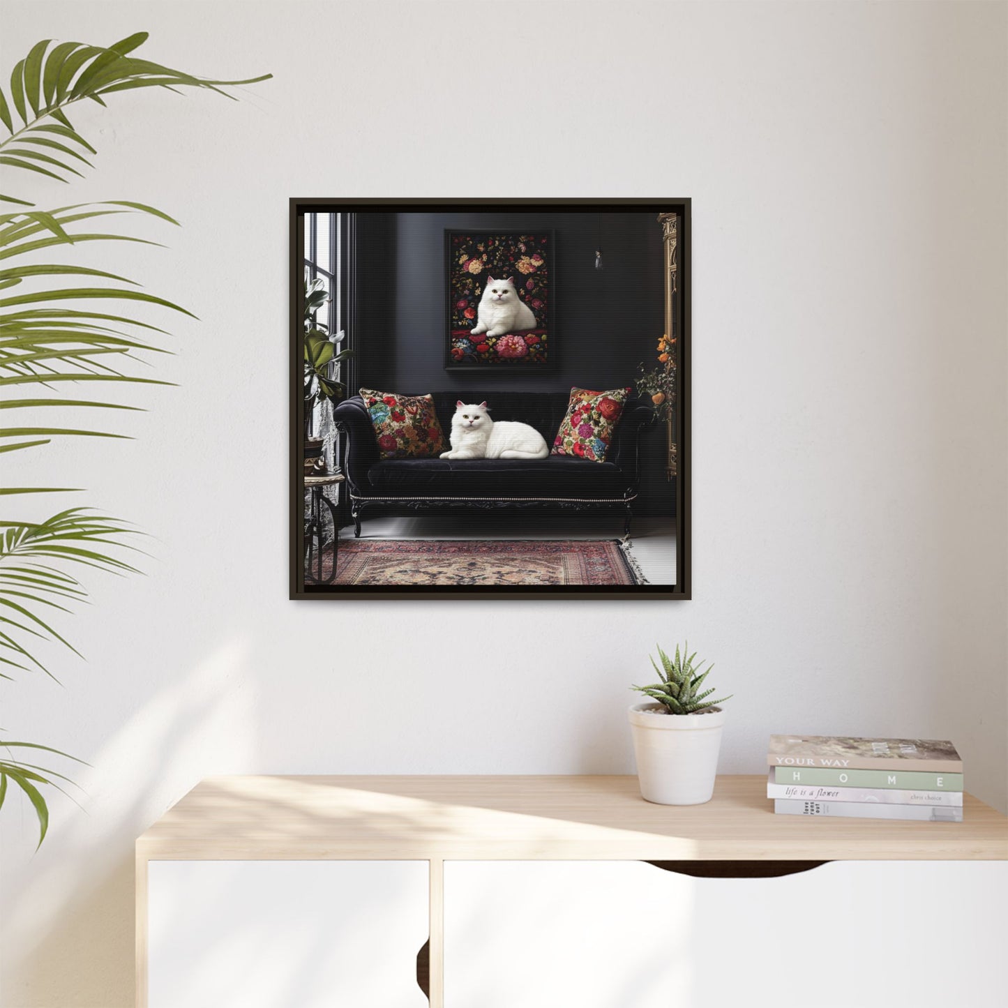 White Persian "House Cat" Portrait Matte Canvas Framed | Floral Still Life Wall Art