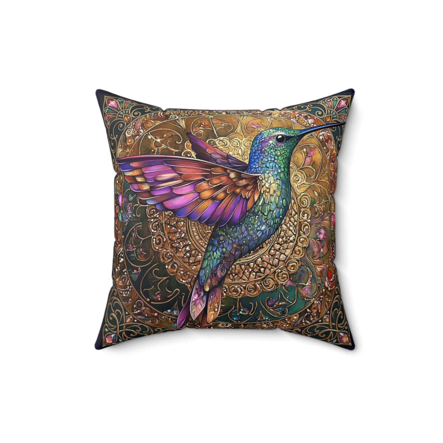 Colorful Hummingbird Mandala Faux Suede Pillow  Decorative Throw Pillow