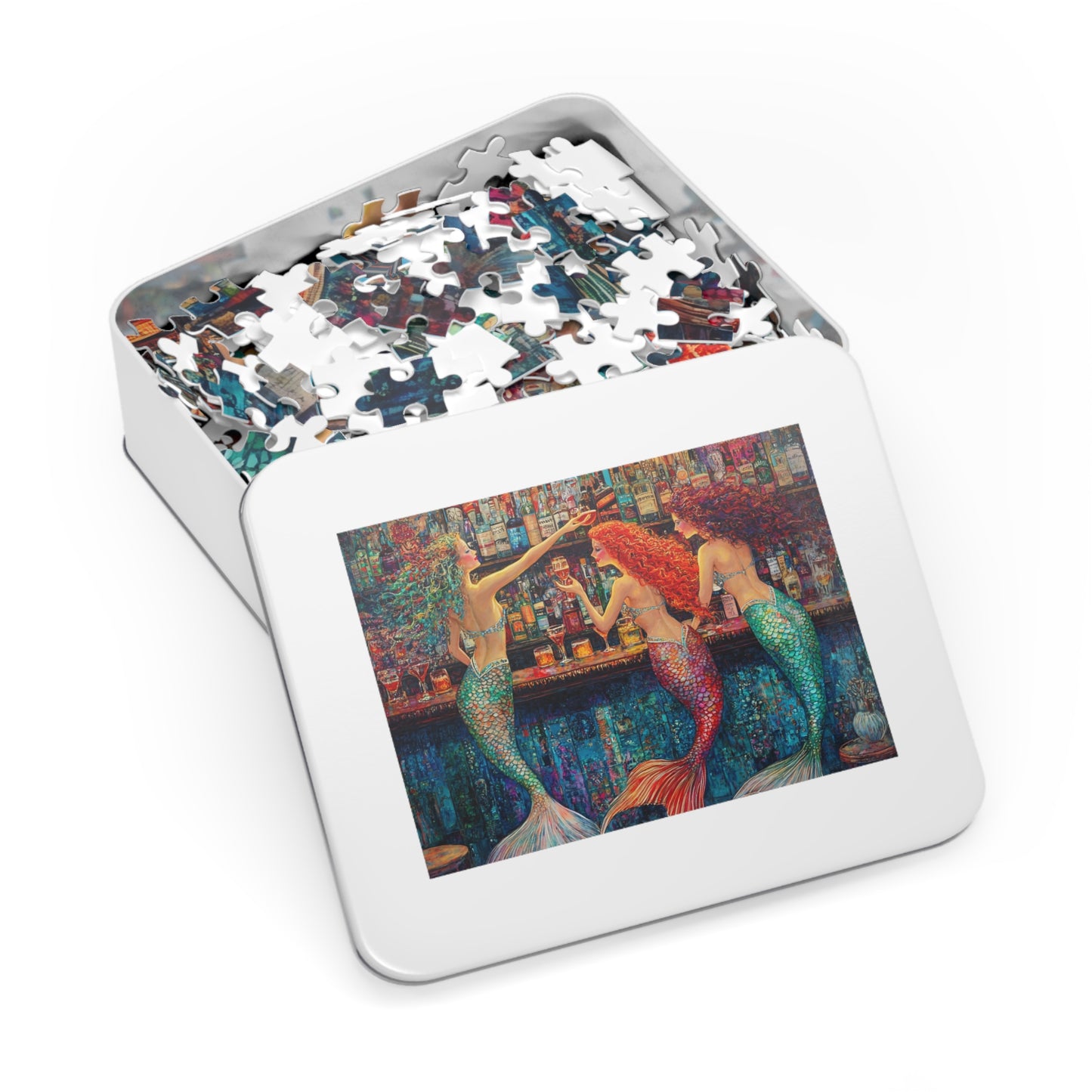 Mermaid Bar Scene Jigsaw Puzzle with Tin | Colorful Ocean Sirens