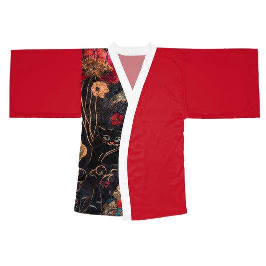 Geisha Cat-Pattern Long Sleeve Kimono Robe, Cozy Lounge Wear, Perfect for Relaxation, Gifts, Home Spa, Traditional Style