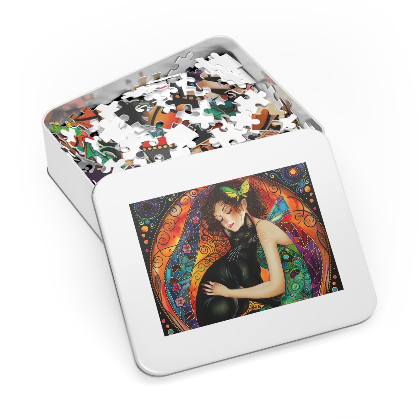 Fairy Embracing Black Cat Jigsaw Puzzle with Tin | Colorful Boho Art