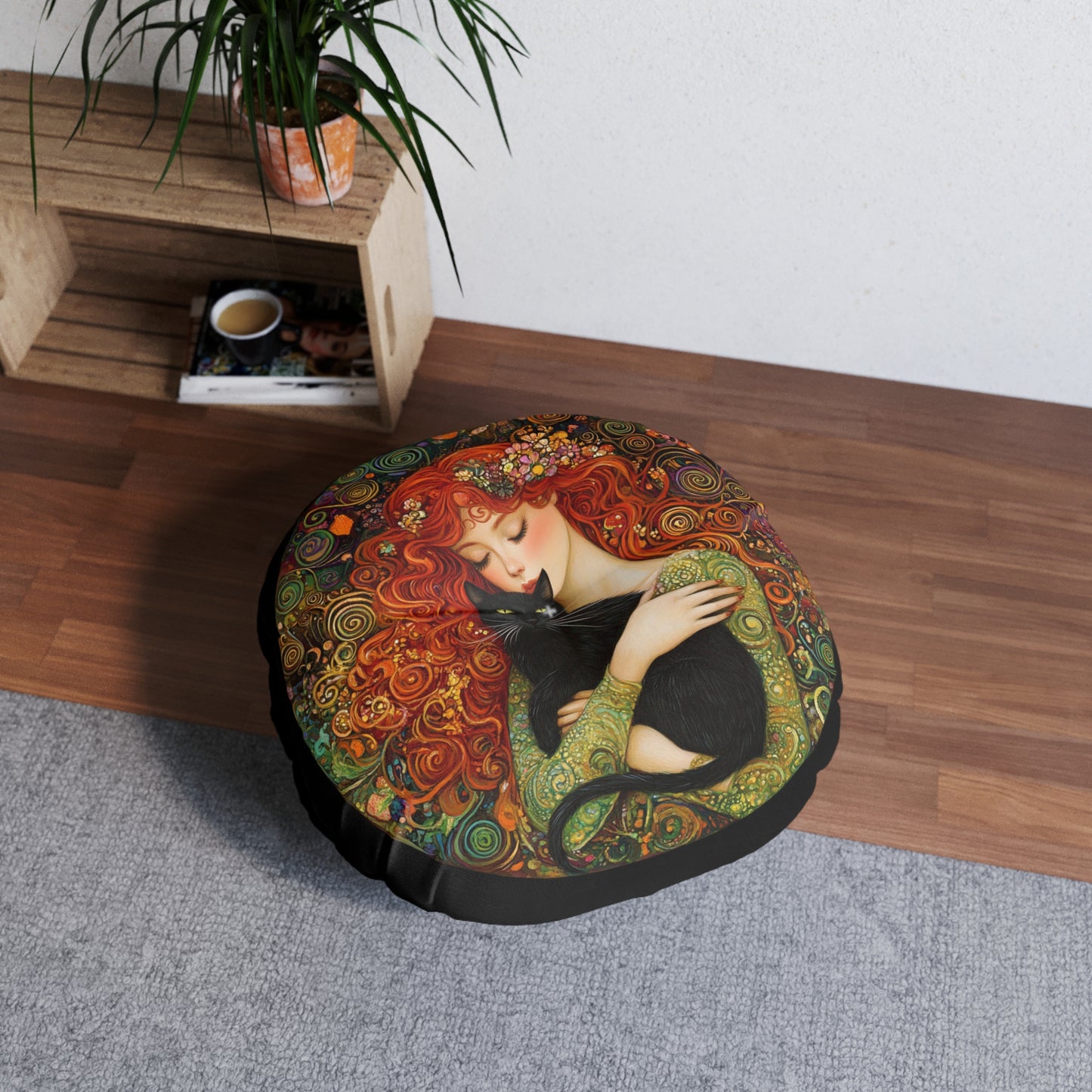 Artistic Tufted Floor Pillow, Cozy Decor, Cat Lover Gift, Bohemian Home Accent, Unique Round Cushion