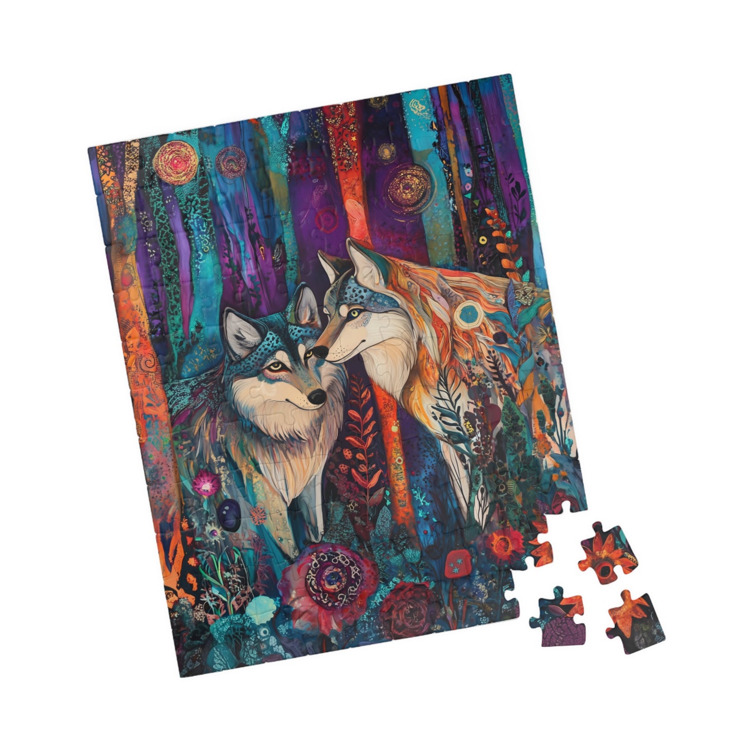 Whimsical Wolf Pair Puzzle | Colorful Forest Art Jigsaw