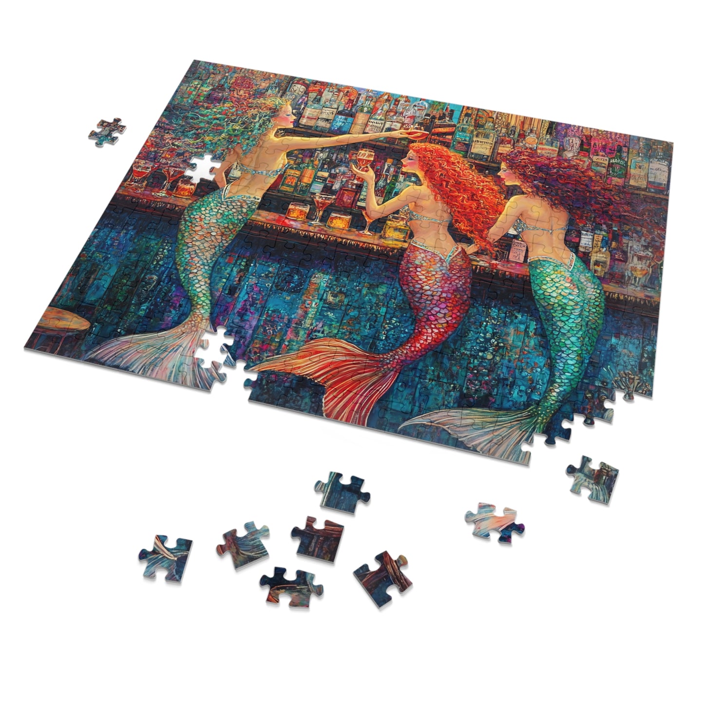 Mermaid Bar Scene Jigsaw Puzzle with Tin | Colorful Ocean Sirens