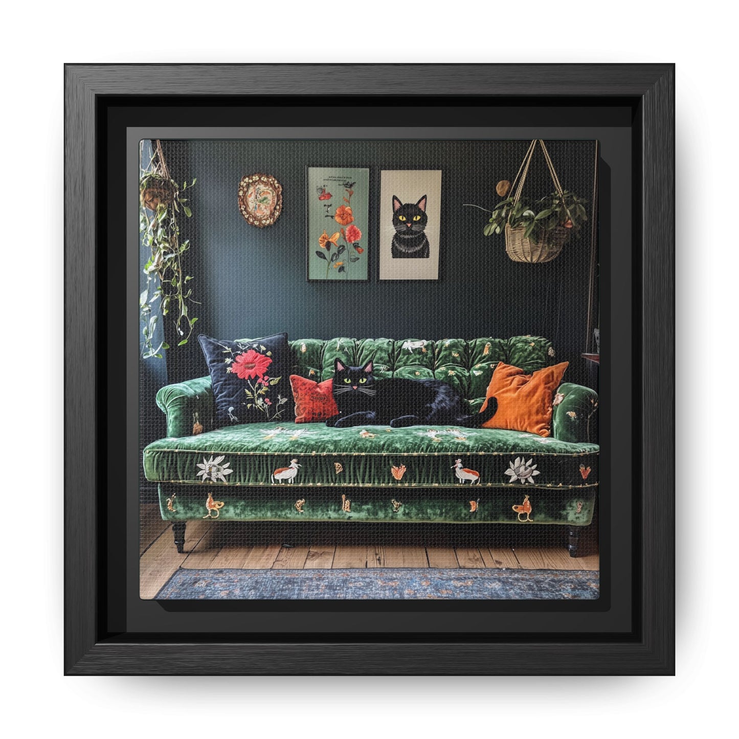Black "House Cat" Living Room Art Matte Canvas Framed, Green Sofa Boho