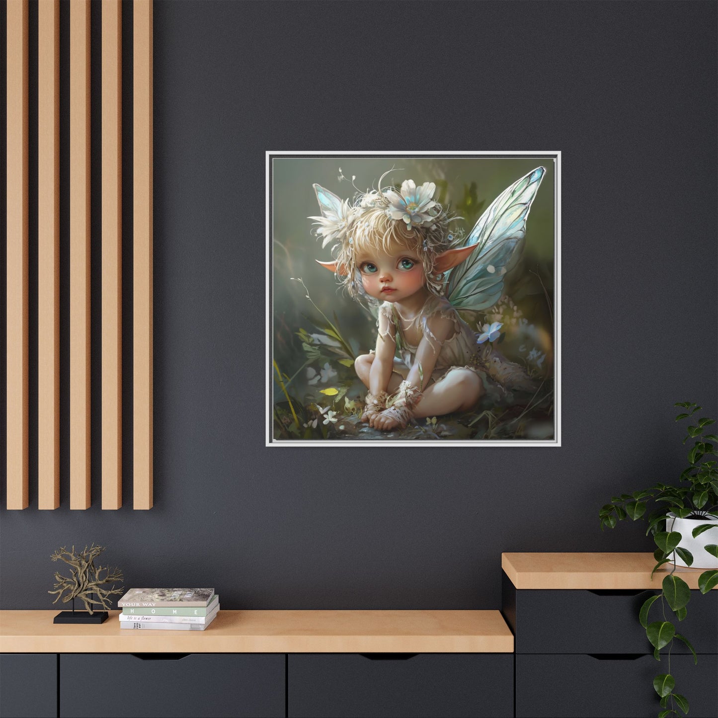 Baby Fairy Art Print, Framed Canvas, Whimsical Home Decor, Fairy Tale Gift, Magical Nursery Wall Art