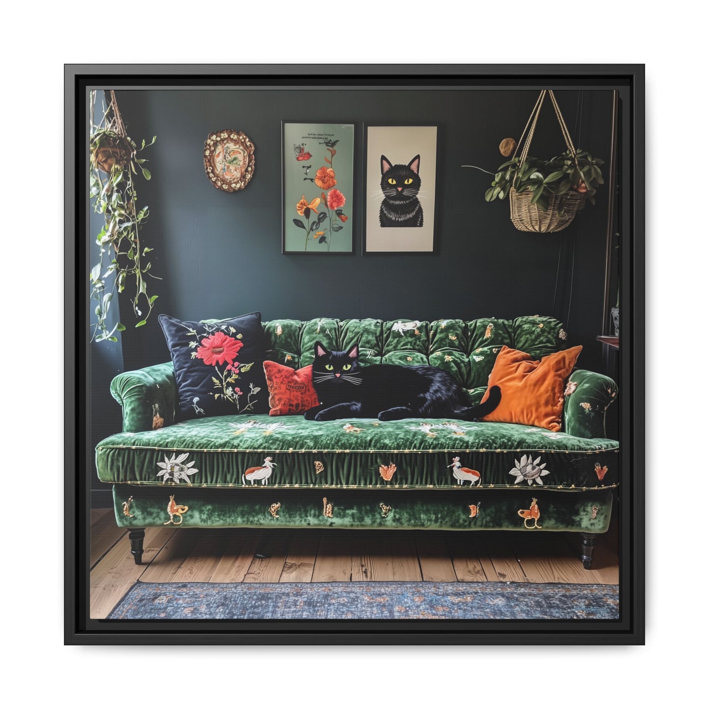 Black "House Cat" Living Room Art Matte Canvas Framed, Green Sofa Boho