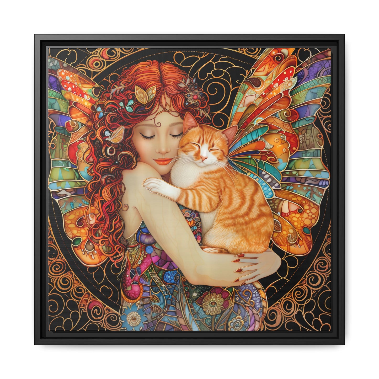 Framed "Tabby"  Fantasy Canvas Art Print - Whimsical Wall Decor, Fairy and Cat Illustration, Magical Gift for Cat Lovers