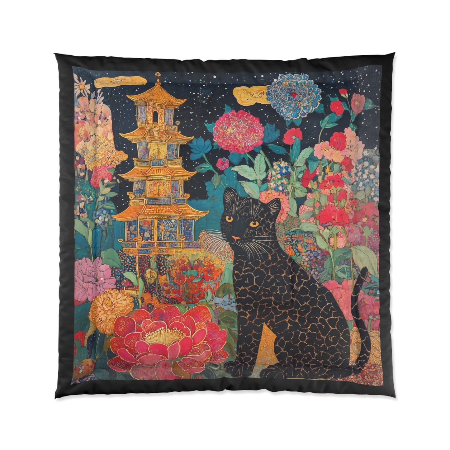 Black Cat Floral Pagoda Comforter | Asian Garden Cat Bedding