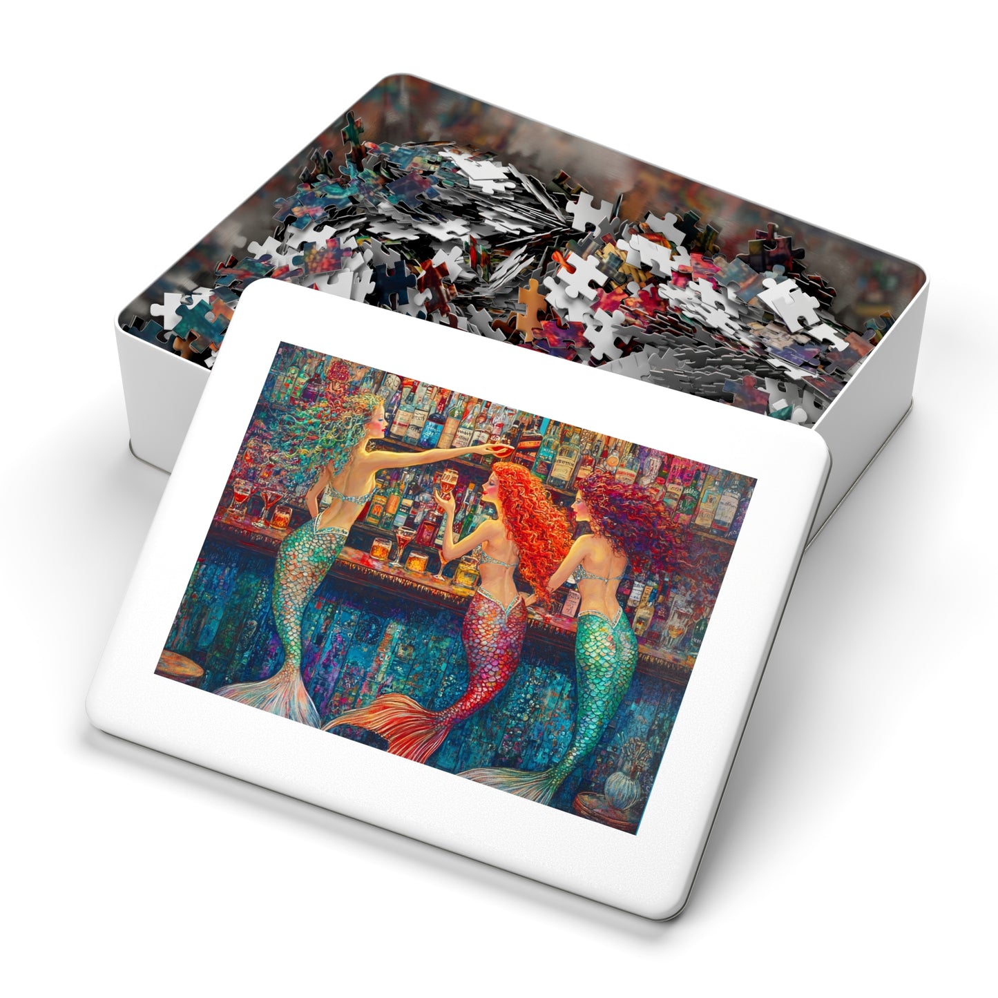 Mermaid Bar Scene Jigsaw Puzzle with Tin | Colorful Ocean Sirens