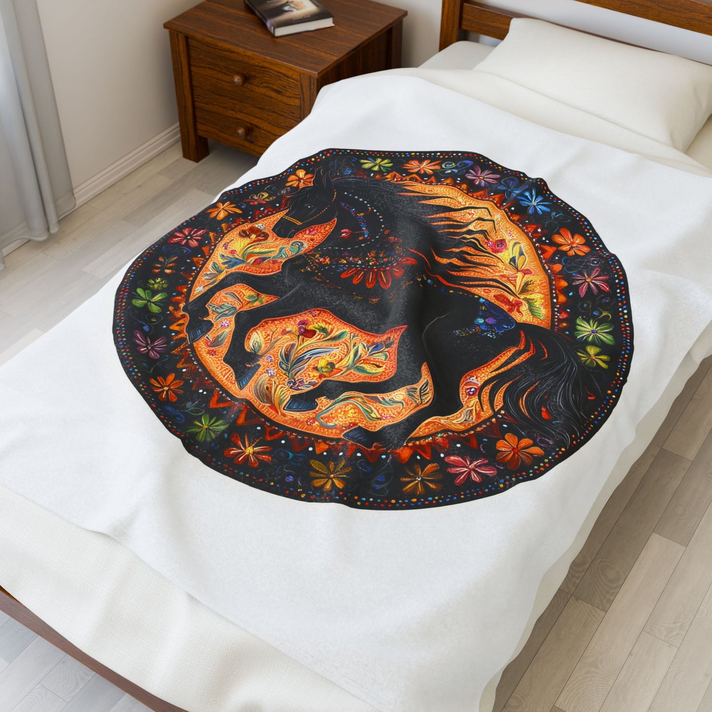 Bohemian Black Horse Velveteen Plush Blanket, Cozy Throw, Vibrant Decor, Equine Lover Gift, Soft Home Accents, Unique Wall Art