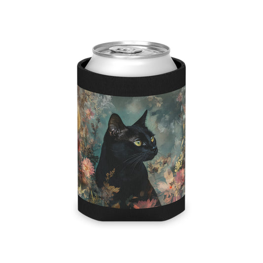 Chic Black Cat Can Cooler with Floral Design, Black Cat Accessories, Pet Lover Gift, Summer Party Essential, Unique Beverage Insulator