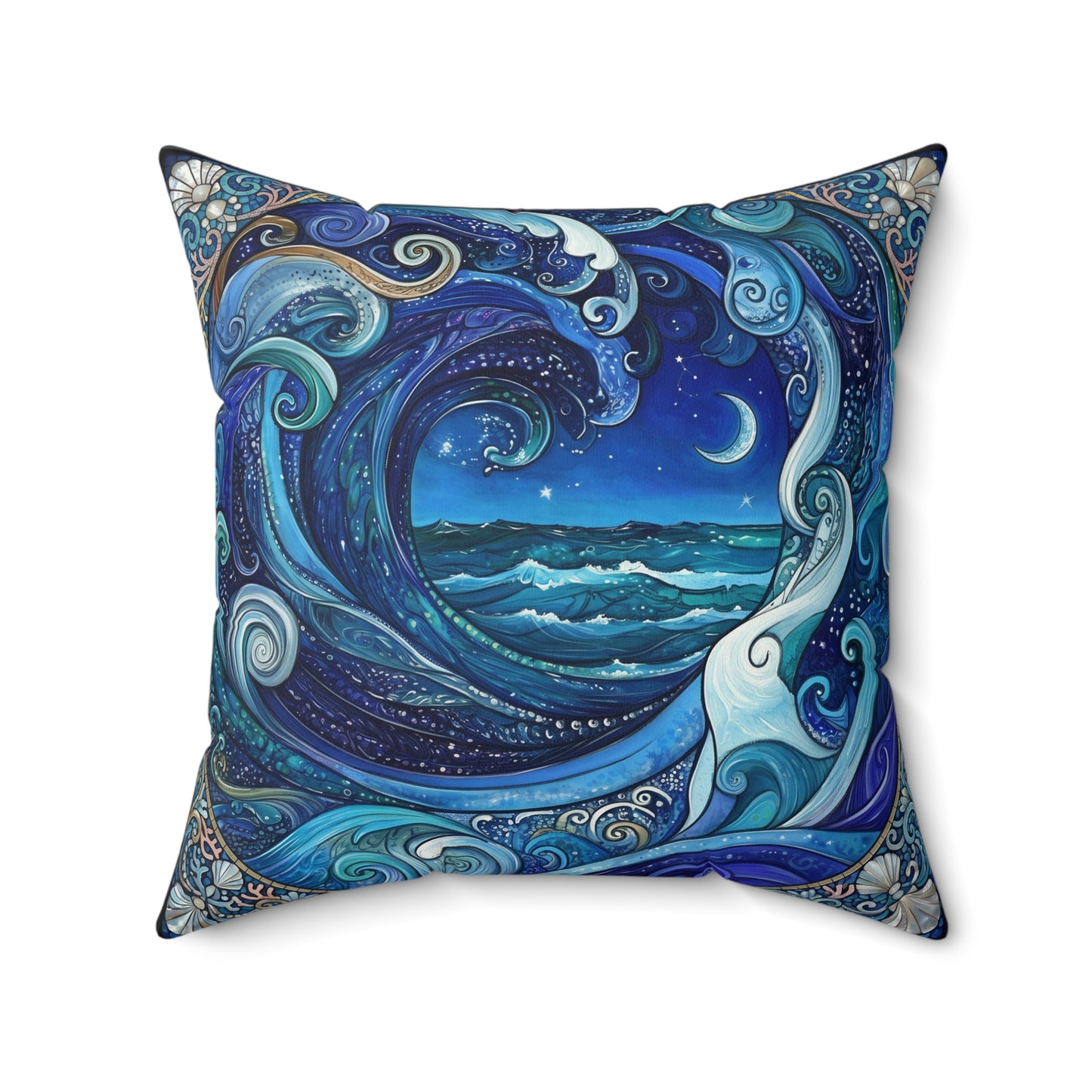 Ocean Wave Moonnight Pillow Blue Nautical Art Square Pillow