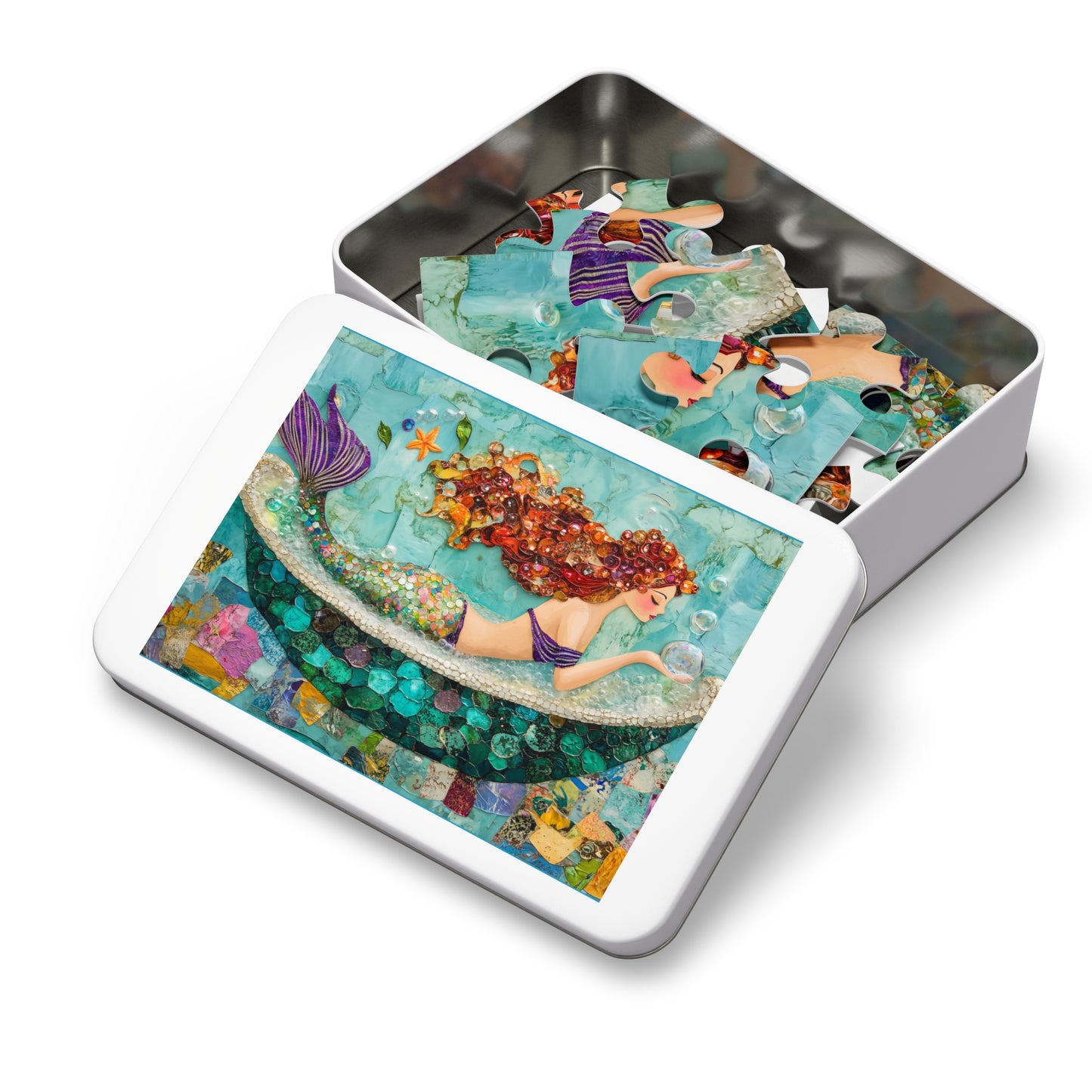 Bubbles Mermaid Art Jigsaw Puzzle with Tin