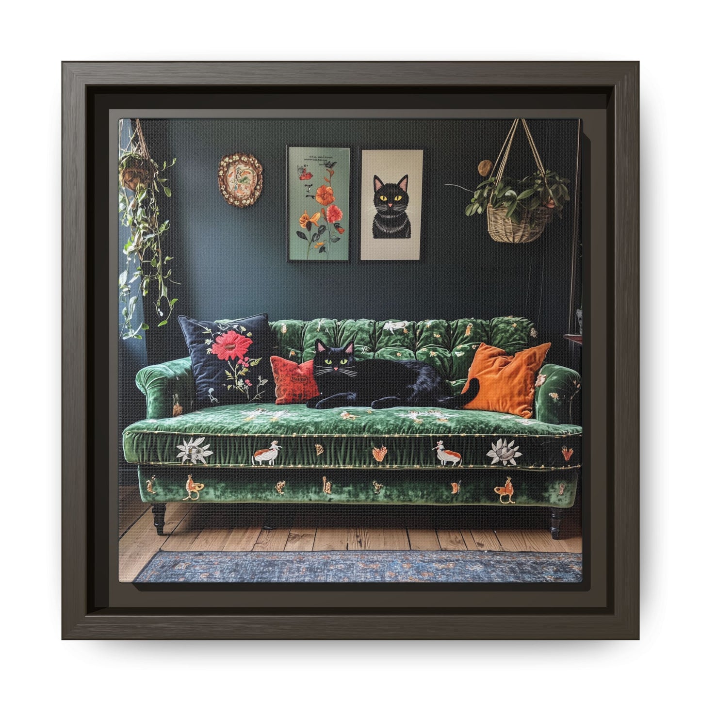 Black "House Cat" Living Room Art Matte Canvas Framed, Green Sofa Boho